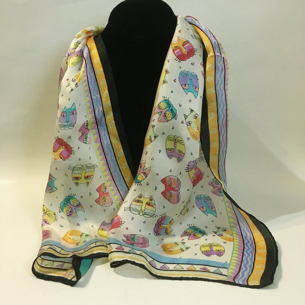 Kitty Cat Scarf 100% Silk Rectangle Multi Color Hair Head Neck Wrap New